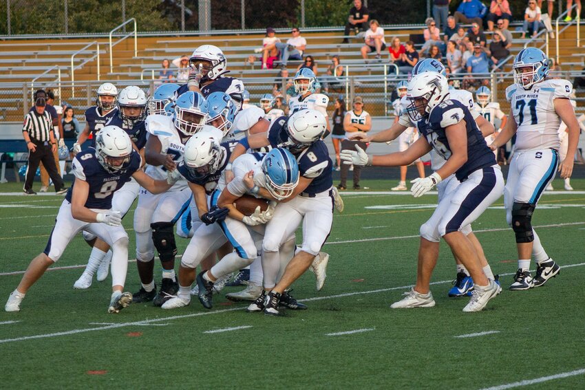 Bryce Gunther (8) and the Severna Park defense bottled up South River’s run game, turning the Seahawks away on several occasions and giving the Falcons a chance to stay in the game.