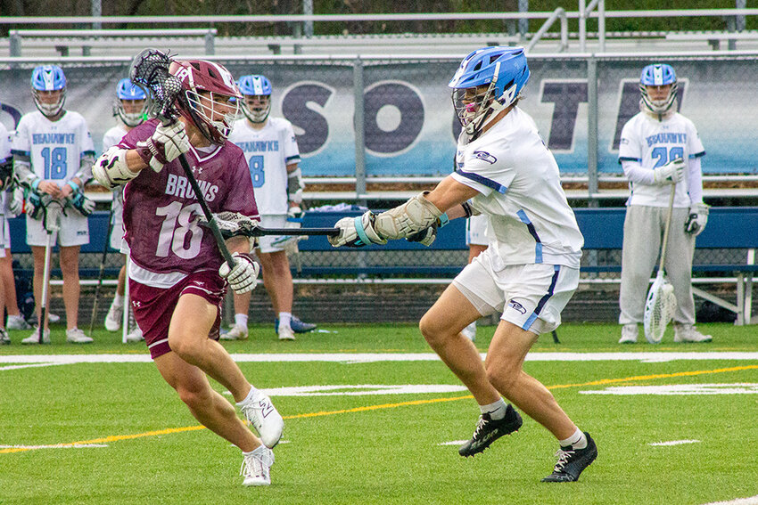Aiden Gillette (18) dodged and cleared possession from Broadneck’s defensive zone.