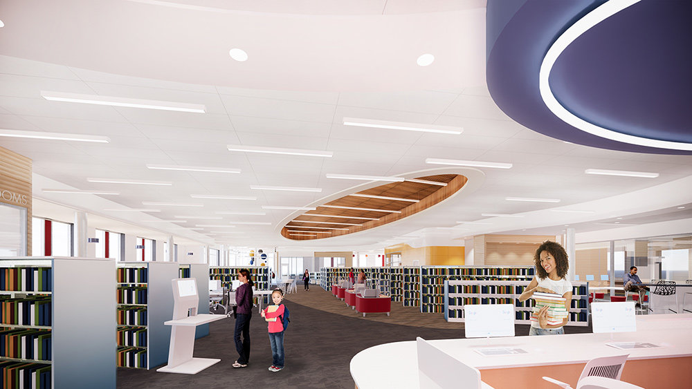  In the main part of the library, the design is intended to be a timeless and abstract underwater theme with the main feature being the oval wood ceiling, representative of the bottom of a boat.