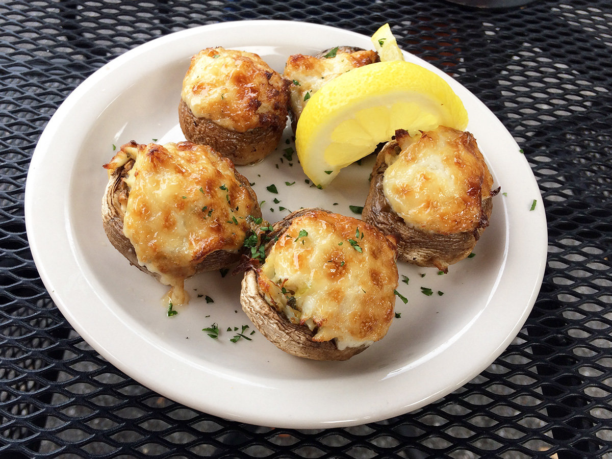Stuffed mushrooms arrived piping hot, filled with crab imperial
