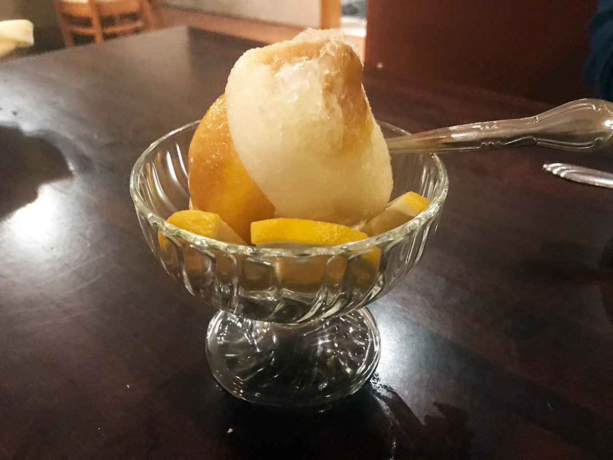 The lemon sorbet was tangy and sweet.