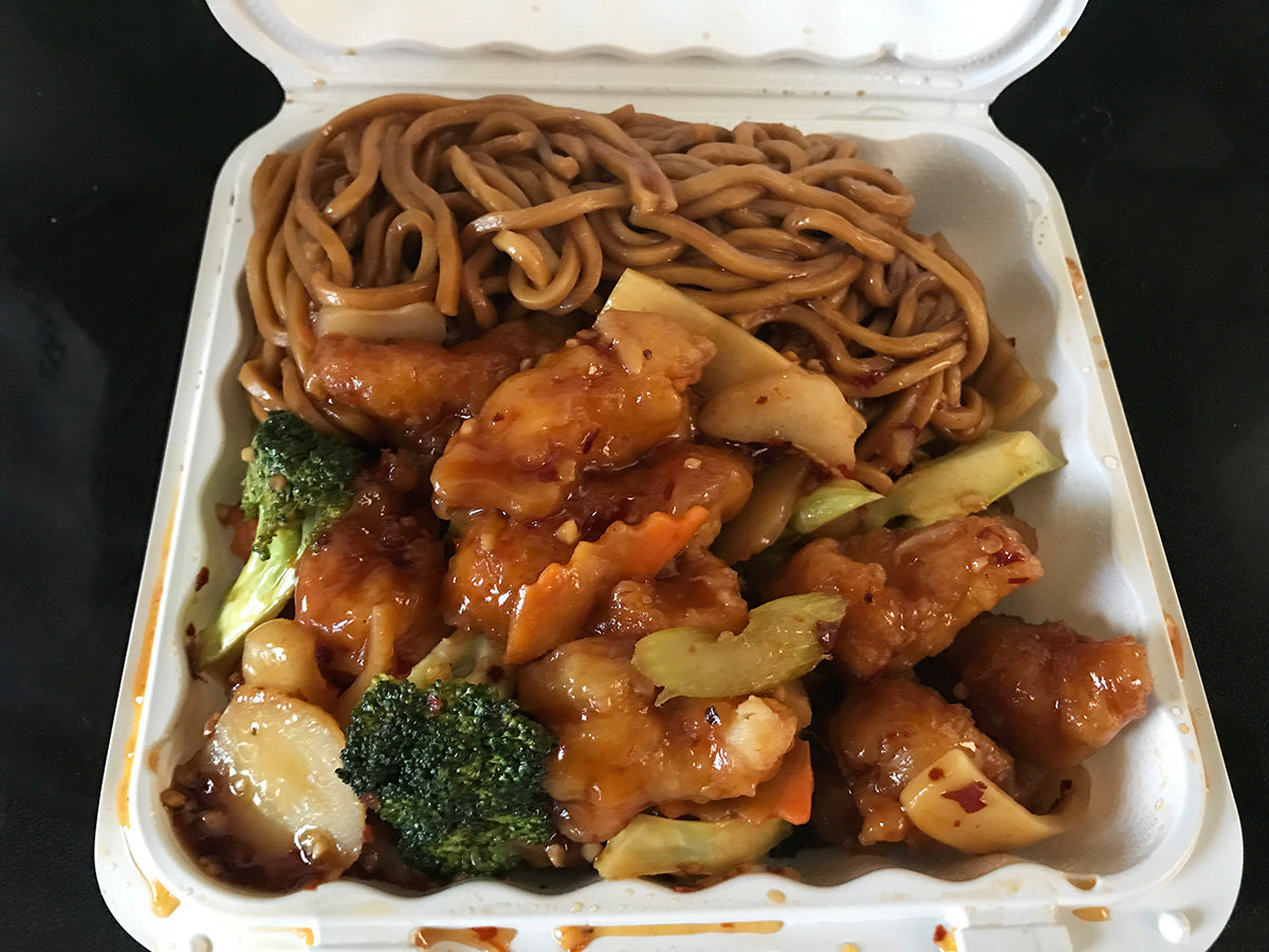 The General Tso's chicken was accompanied by savory lo mein.