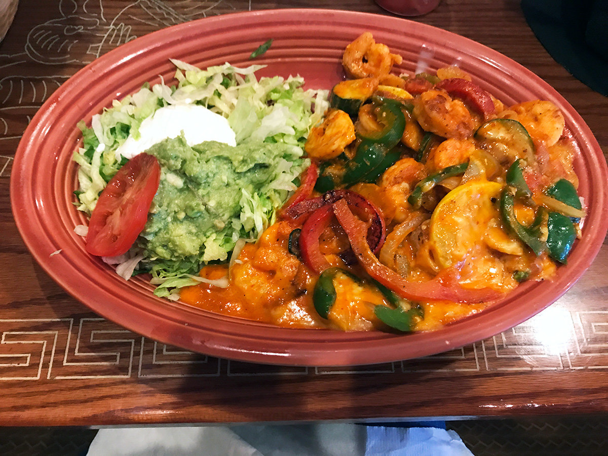 Camarones Yucatecos featured large, succulent shrimp with sweet red, green and yellow peppers; tomatoes; squash; and zucchini.