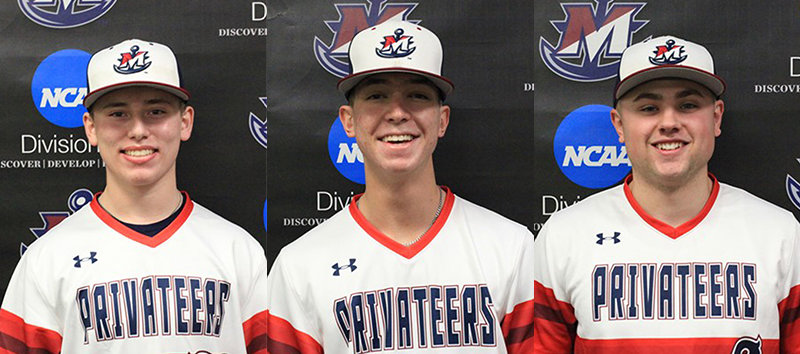 (L-R) Jaden Shea, Nick Schepens and Austen Bishop, former teammates for the Archbishop Spalding baseball team, helped the SUNY-Maritime baseball program to a double-header sweep in the team’s opening games on March 20.