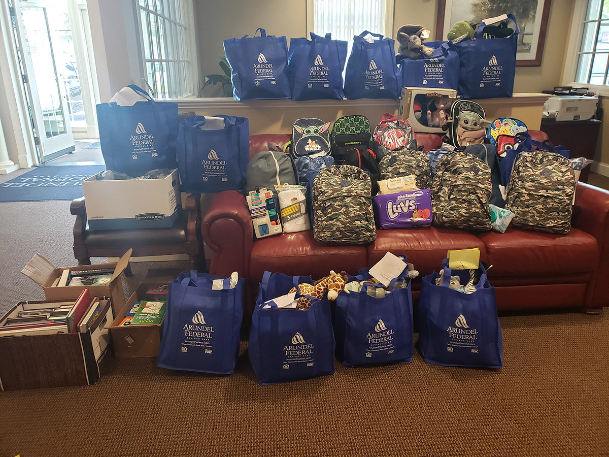 The Arundel Federal team exceeded their goal of seven backpacks by filling 17 backpacks for children entering foster care.