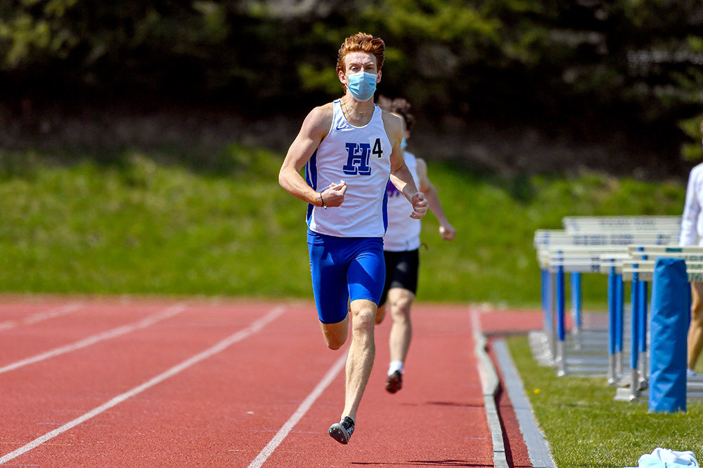 Lucas Wright helped the Hamilton College Continentals defeat Amherst College in a 4x100-meter relay on April 24 at Hamilton's Pritchard Track.