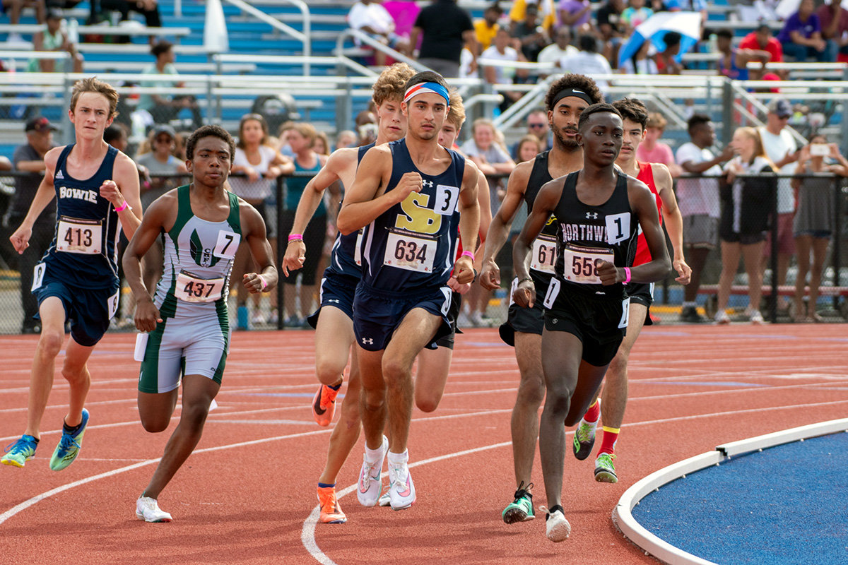 Severna Park’s Carson Sloat (middle) finished second in the 1600-meter run.