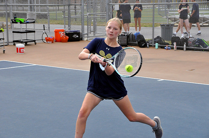 Lacey Strom competed in Severna Park’s home unified tennis matches against Chesapeake and South River on September 21.