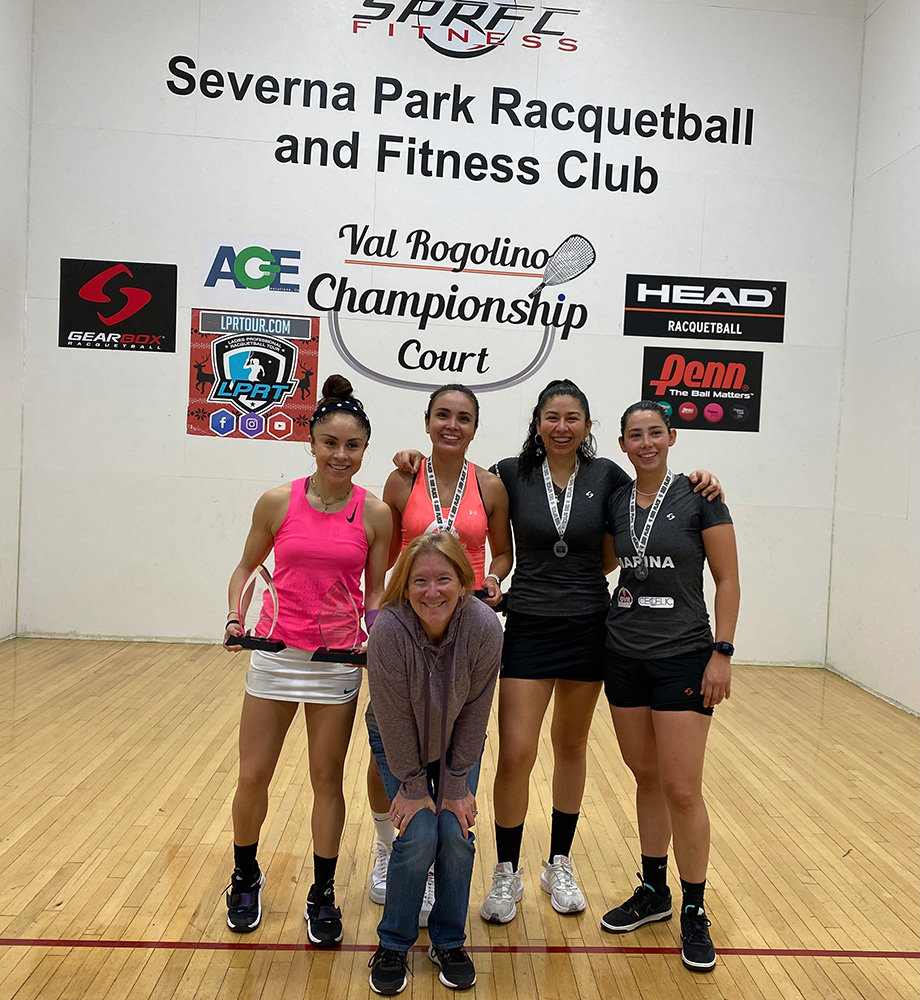 (L-R, back row) Doubles winning team Paola Longoria and Maria Jose Vargas, doubles finalist team Alexandra Herrera (Mexico) and Montse Mejia (Mexico), and (front) tournament director Karen Grisz posed after the tournament.