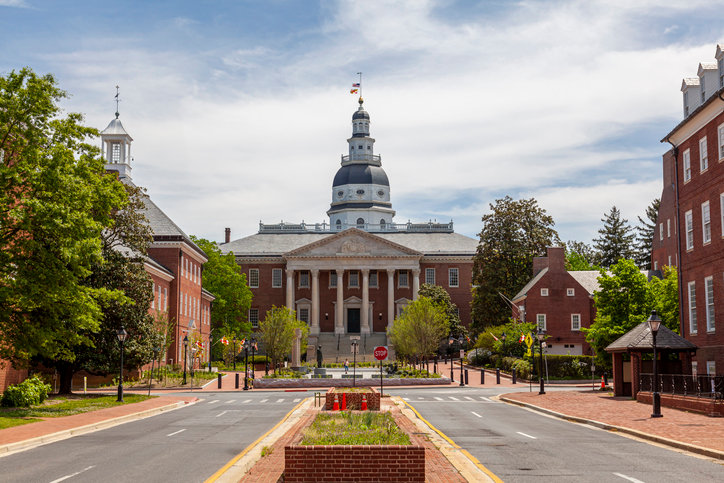 Maryland's State House is flanked by offices for the House of Delegates and Senate.