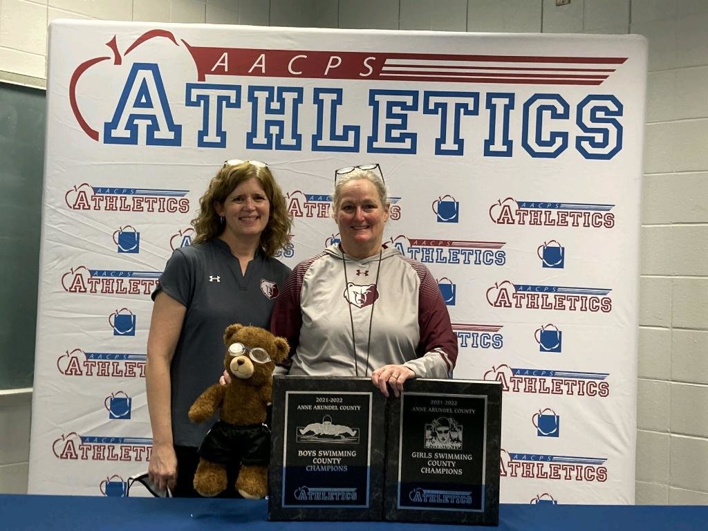 Broadneck swimming assistant coach Julie Andrews (left) and head coach Colleen Winans celebrated their team’s strong performance following the county championship on February 4.