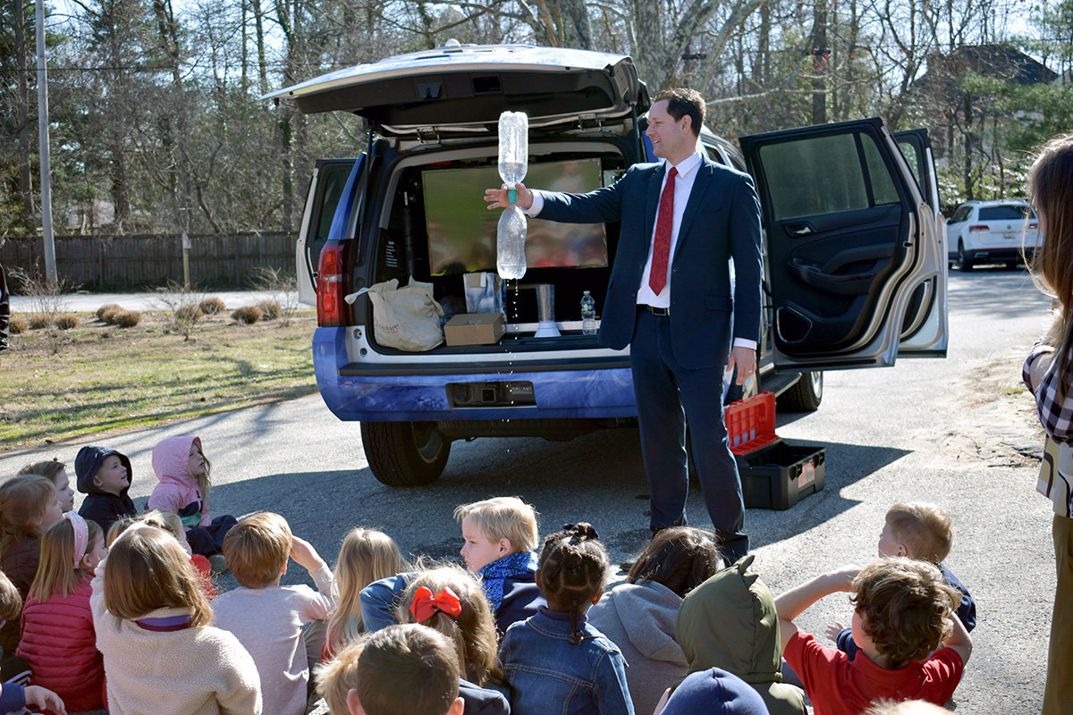 Fox 45 Chief Meteorologist Jonathan Myers demonstrated to St. Martin’s preschool and kindergarten students how to make a tornado in a bottle.