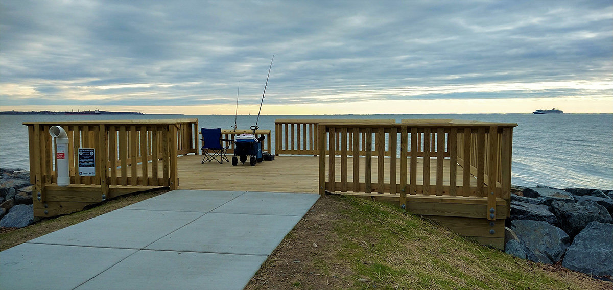 The new ADA-complaint fishing platform at Fort Smallwood Park includes a ramp, not steps, going up to the platform.