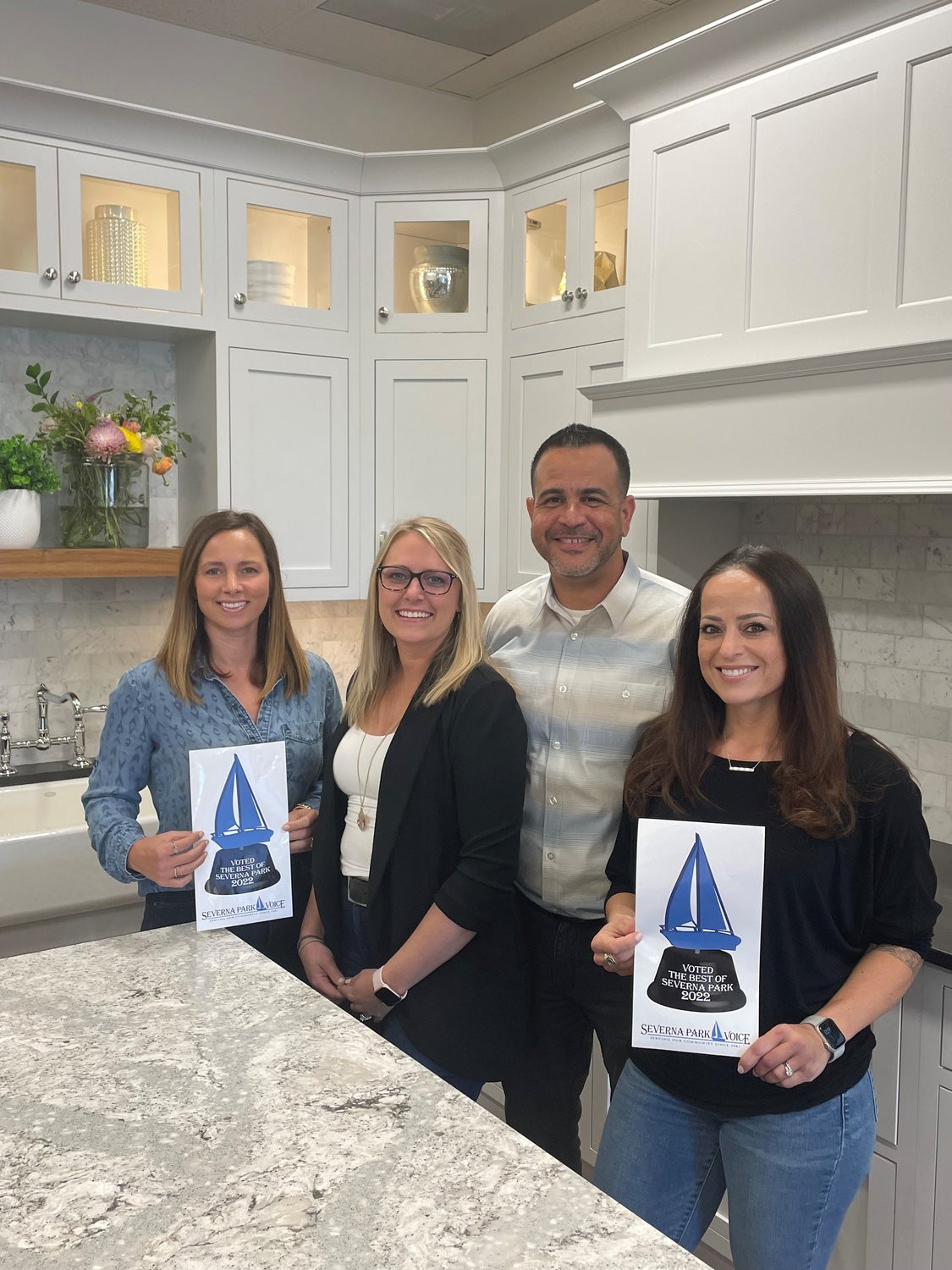 The Severna Park Kitchen & Bath team of Kristy Wallace, Jennifer Chavis, Clayton Chavis and Stephanie Clevenger proudly accepted the awards for Best Kitchen/Bath Remodeling Service and Best Interior Designer.
