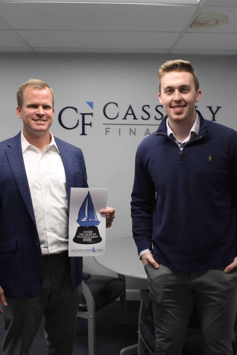 Freddie Cassilly (left) and David Bauer of Cassilly Financial Services received the honor of runner-up for Best Investment Advisor.