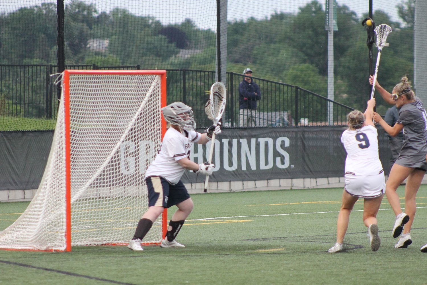 Goalie Sarah Krause prepared for an incoming shot from the Mustangs’ Maisy Clevenger. This shot missed over the crossbar.