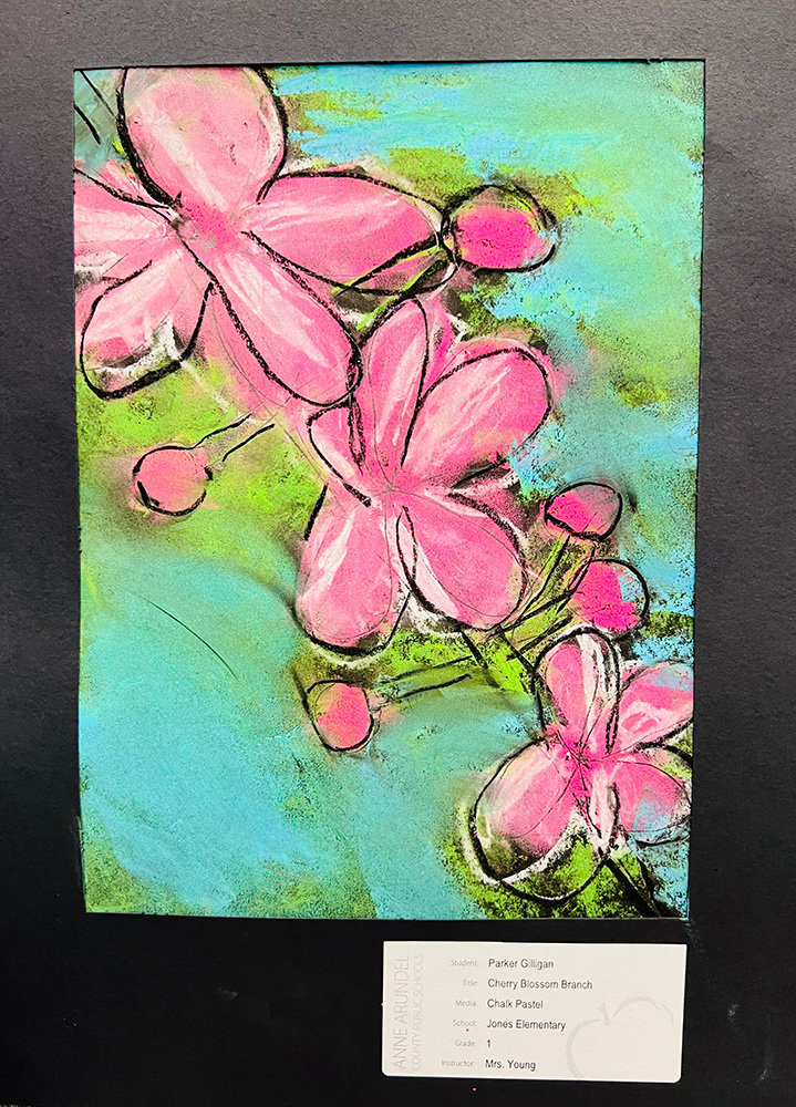 Parker Gilligan learned to draw the outline of cherry blossoms before using pastels and blending to come up with the right colors.