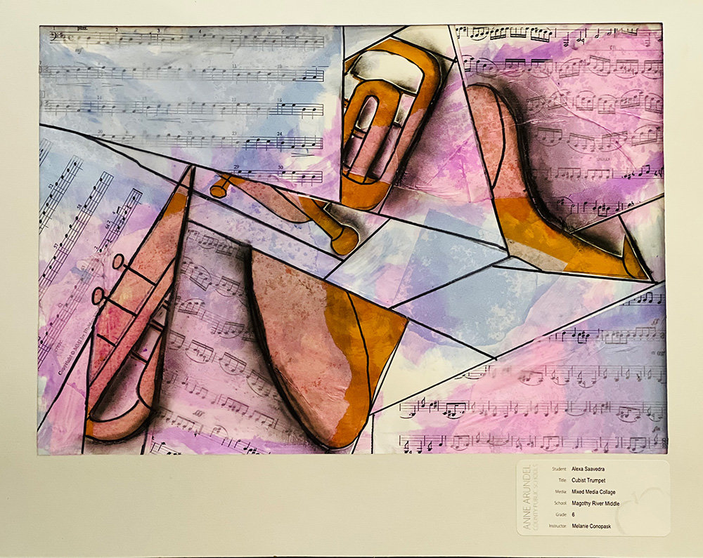 For her “Cubist Trumpet” collage, Alexa Saavedra glued cut pieces of a trumpet on a poster and drew lines across the edges, added tissue paper and then added color.