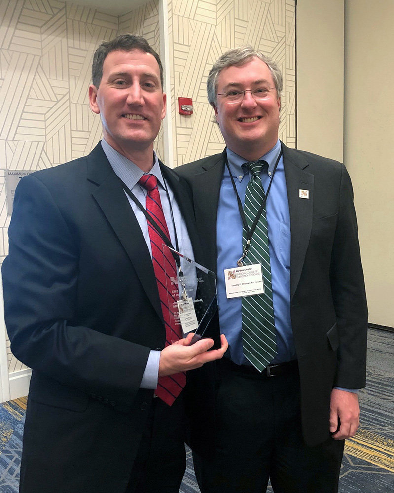 The Maryland Chapter of the American College of Emergency Physicians (MD ACEP) honored Dr. Jonathan Wendell (left) as its EMS Physician of the Year in April at the BWI Airport Marriott in Linthicum. He was joined here by Dr. Timothy Chizmar, state EMS medical director.