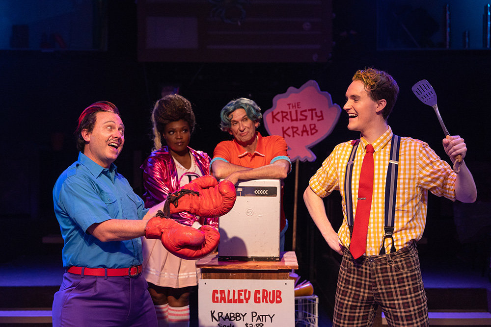 Mr. Krabs (Jeffrey Shankle), Pearl (Jordyn Taylor), Squidward (Darren McDonnell) and SpongeBob (Kyle Dalsimer) try to save their undersea world in the Toby’s musical, which runs through July 31.