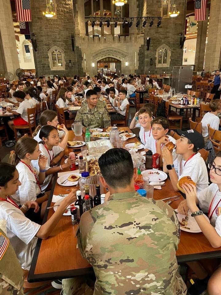 Campers were divided into squads of 12 kids each, led by West Point cadets. They ate in the family style mess hall, made formations before lunch and came up with squad calls.