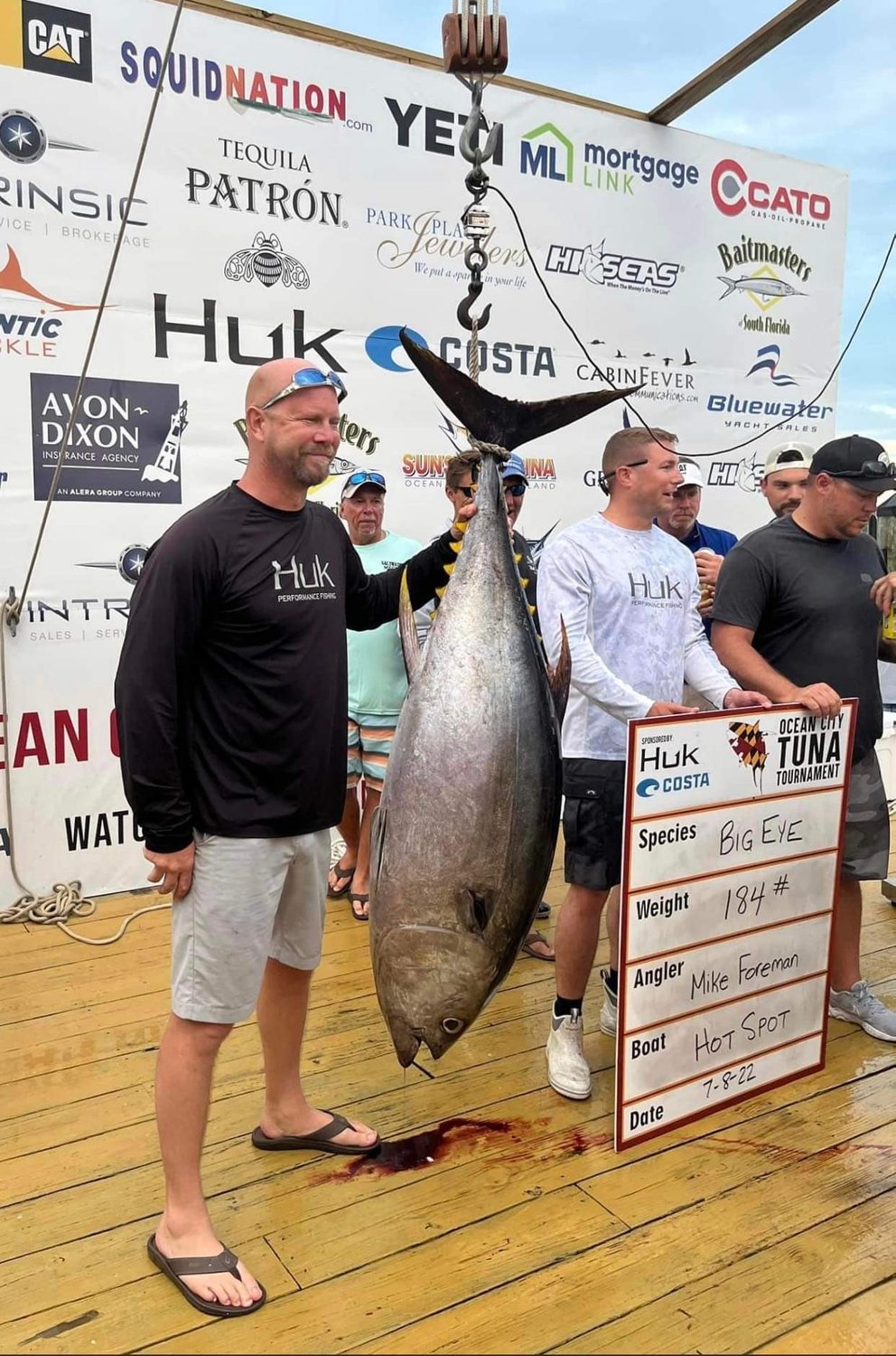 Mike Foreman (left) and the Ole School Anglers finished in 10th place at the Ocean City Tuna Tournament in July after catching a 184-pound fish.