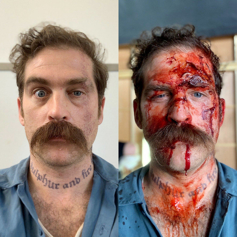 Between takes, the “Black Bird” team put Walker Babington in a makeup chair and added prosthetic injuries to his face to seamlessly illustrate a progression of injuries.