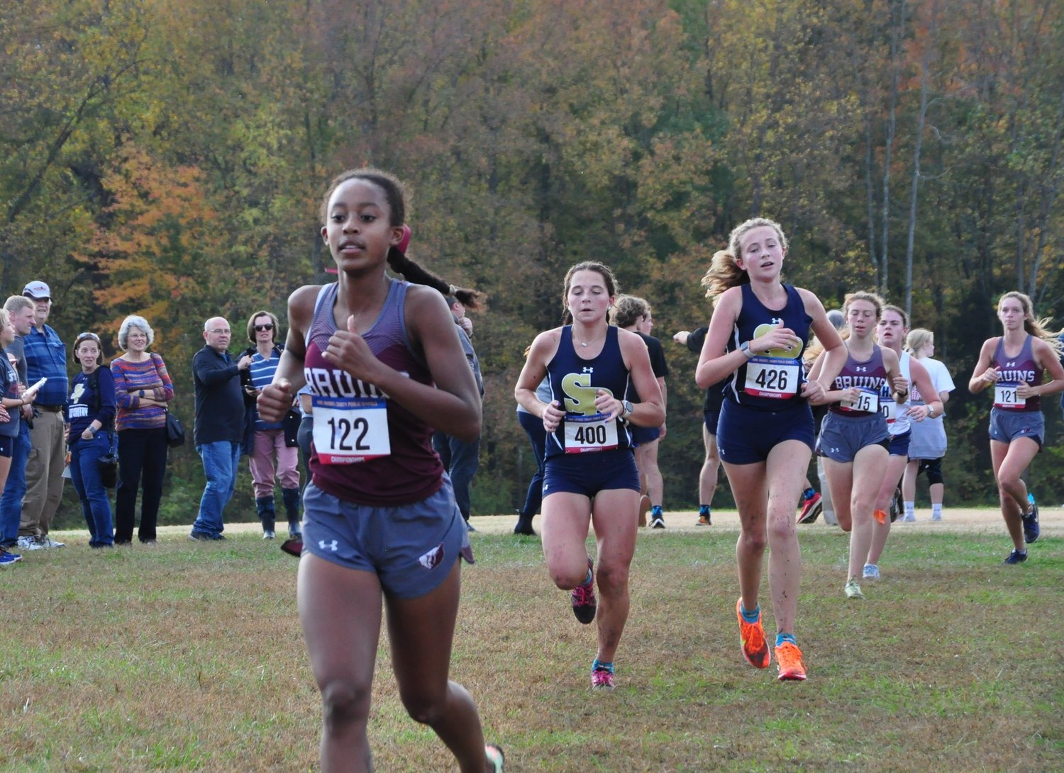 Broadneck High School freshman Nya Williams, front, competed at the county cross country championships at South River High School in Edgewater on October 26. Williams went on to finish with a time of 21:45.6 on the 3-mile course.