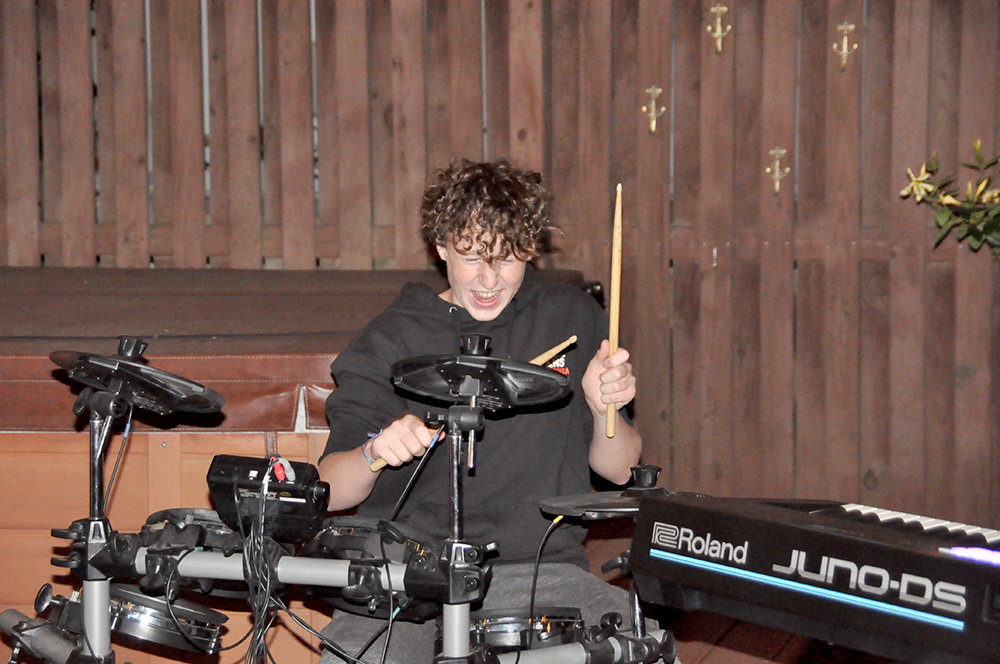 Cam Blackburn, Ivy League’s drummer, played during a private performance for the Severna Park Voice on October 11. “It’s very nice to have people my age in my band because I’ve been working with people either older than me or younger than me for a while,” Blackburn said about his band.
