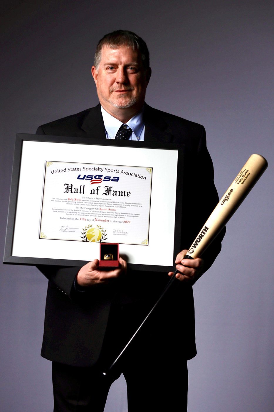 Kelly Burke was inducted into the United States Specialty Sports Association’s Hall of Fame last month in Orlando, Florida, for creating the USSSA’s management database.