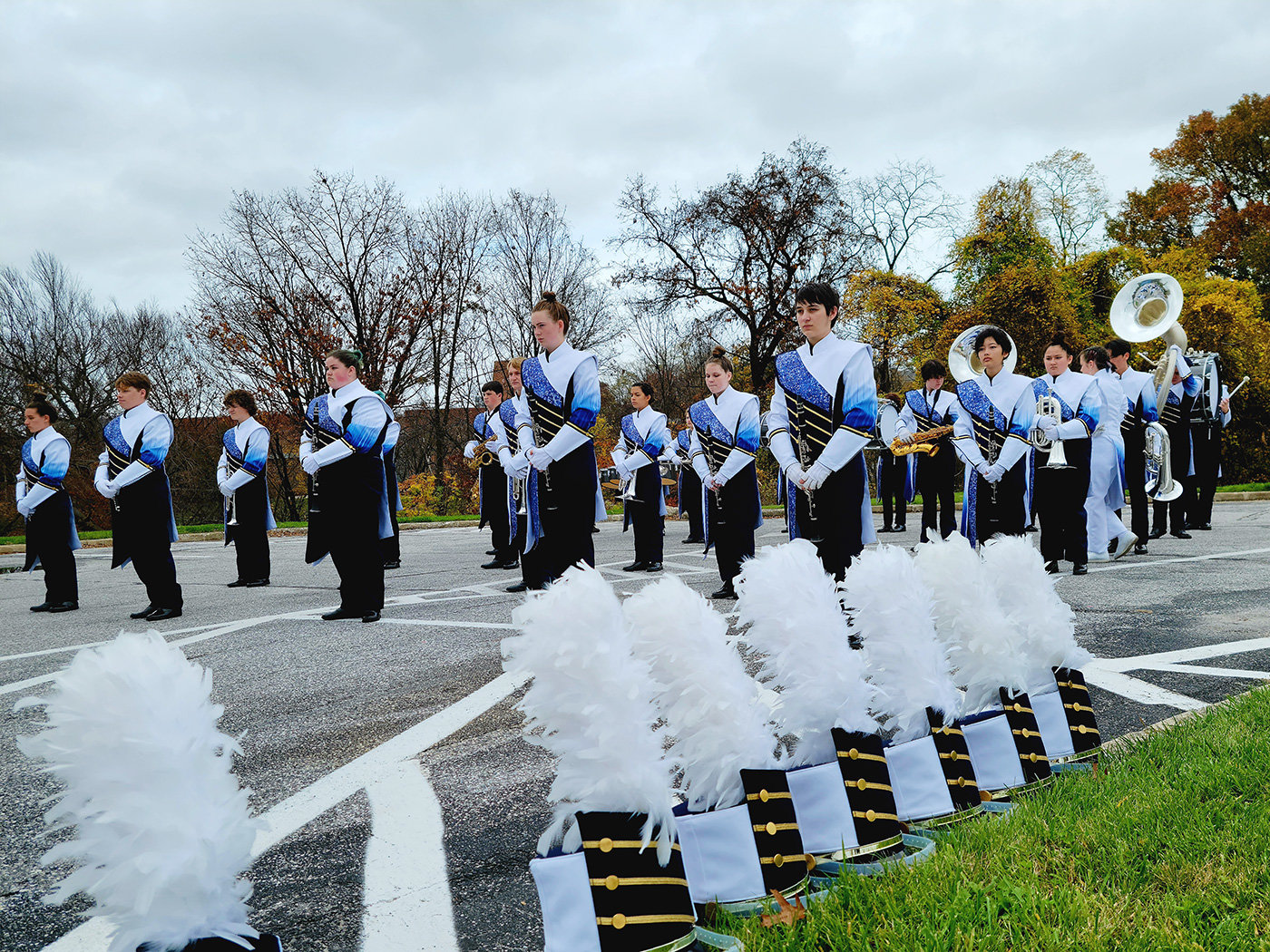 Members of the Severna Park High School Falcon band waited for instructions during warmups at the Maryland Marching Band Association state championships in November.