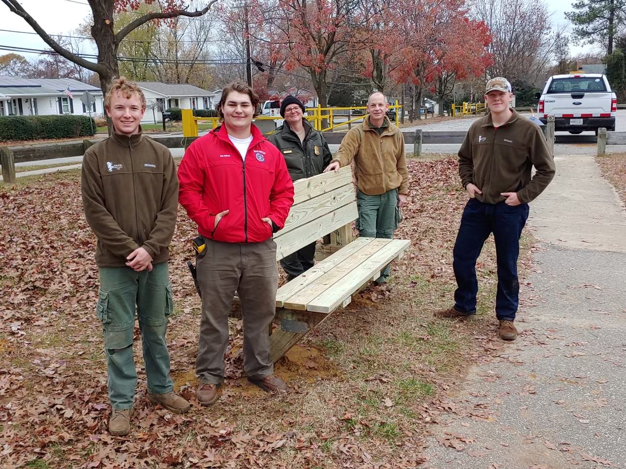 Scouts and adults gathered at Belvedere Park in November to help Eric Heisch build benches.