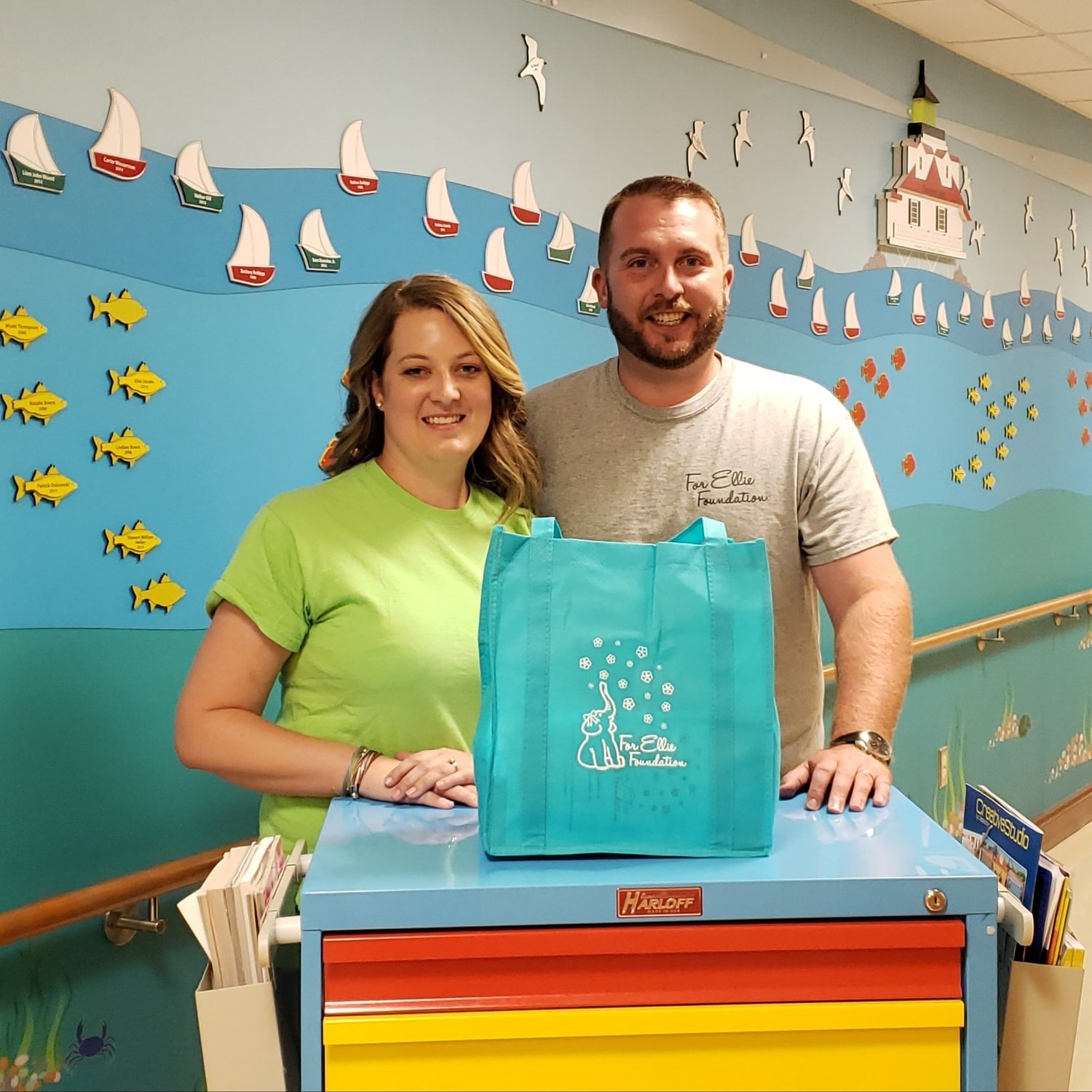 Ashleigh and Matt Wyble appeared at Luminis Health Anne Arundel Medical Center with Ellie’s Cart and a Hope Tote.