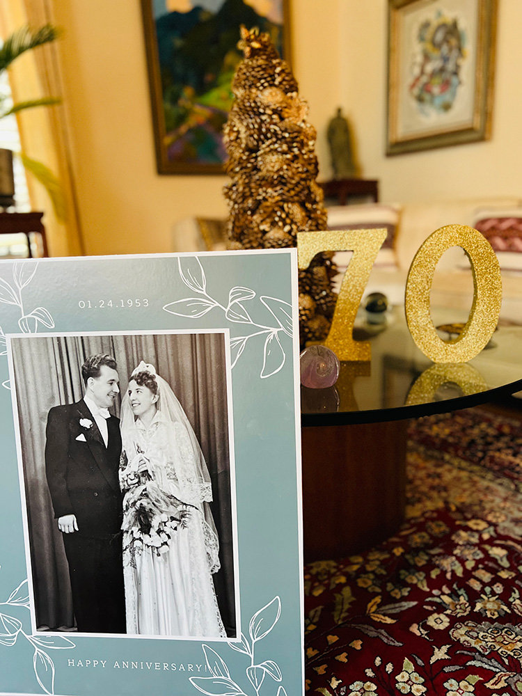 The Tymkiw wedding photo and decorations were displayed at their 70th anniversary party held last month.