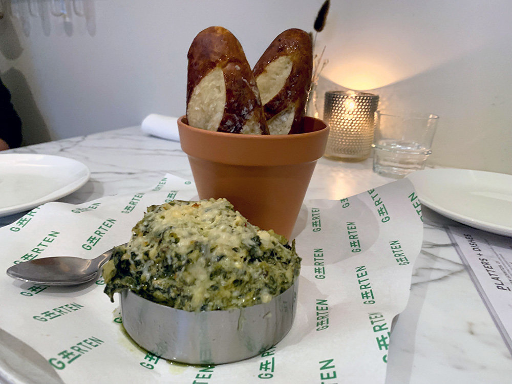 The spinach sauerkraut dip appetizer had a unique zip from the sauerkraut, and the homemade pretzels were soft, salty perfection.