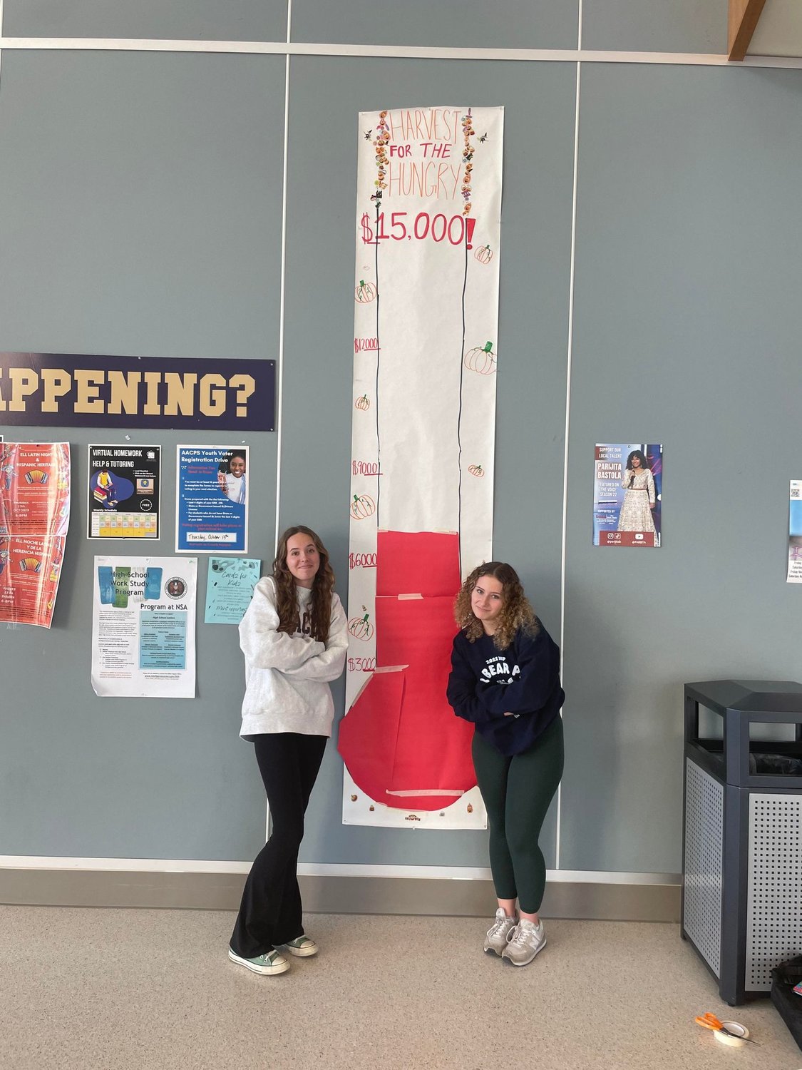 Student leaders Avery Mead and Ruby O'Neill encouraged students to bring their donations. Severna Park was less than halfway to its goal after the second week of October.