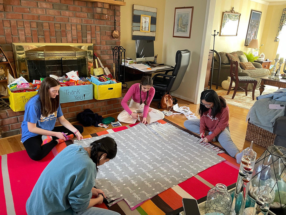Severna Park High School students worked on no-sew fleece blankets for Project Linus.