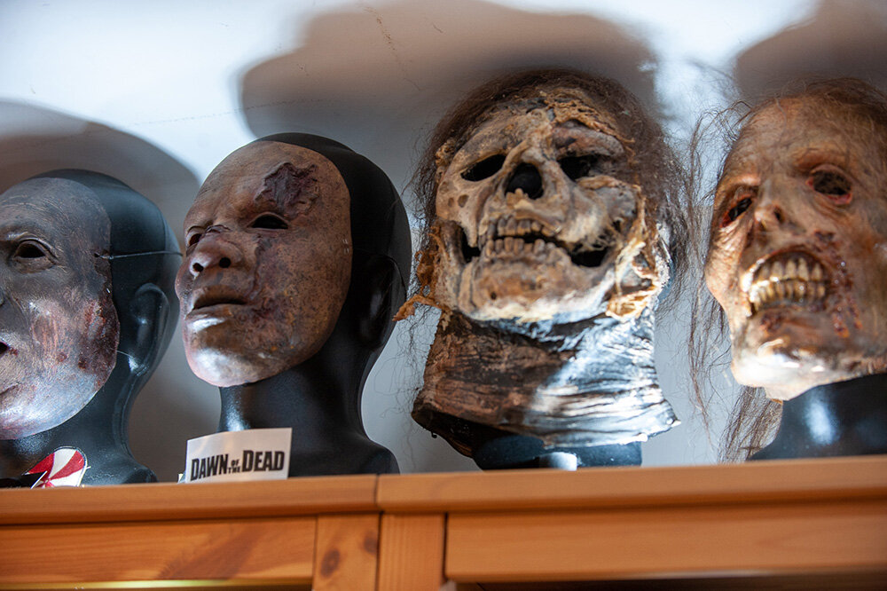Hearty owns these background zombie masks from “Dawn of the Dead,” “The Walking Dead” and “Army of the Dead.”