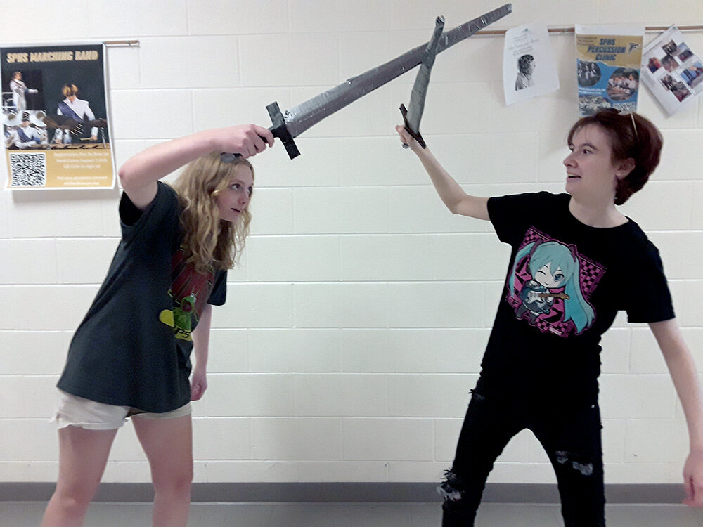 Students are rehearsing for one acts, set for May 19. At least one onstage swordfight is confirmed.
