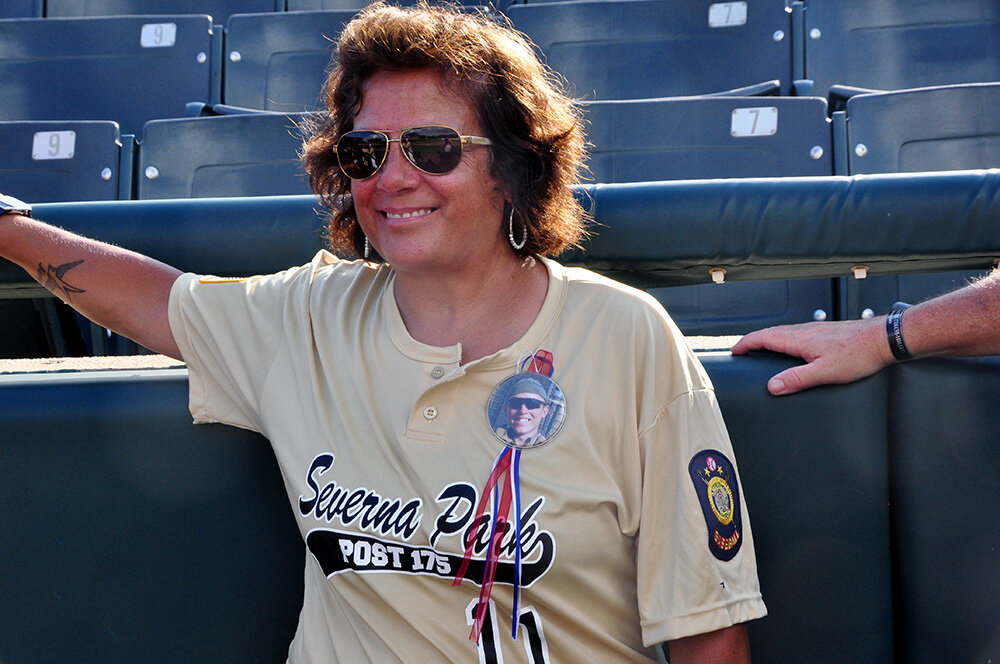 Betz Wild, mother of U.S. Marine Corps Lance Corporal William Taylor Wild IV, relaxed at Prince George’s Stadium prior to her first pitch honoring her son and other Gold Star families. Taylor Wild died in a 2013 training accident in Nevada.