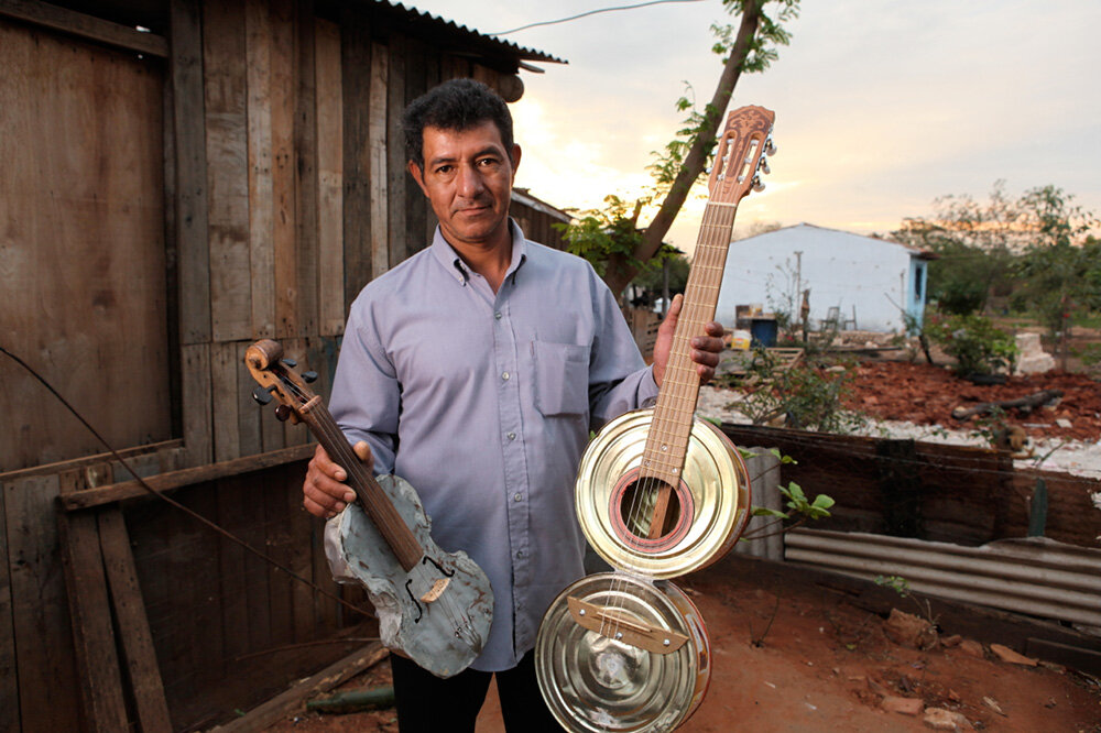 Garbage picker Nicolas Gomez made these two instruments using discarded materials from a landfill.