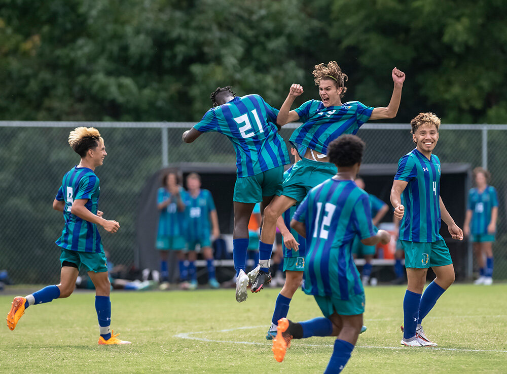 Members of AACC’s men’s soccer team celebrated a goal in 2022. Men’s and women’s soccer teams at AACC have been added to the list of sports that can receive financial aid at the Arnold campus.