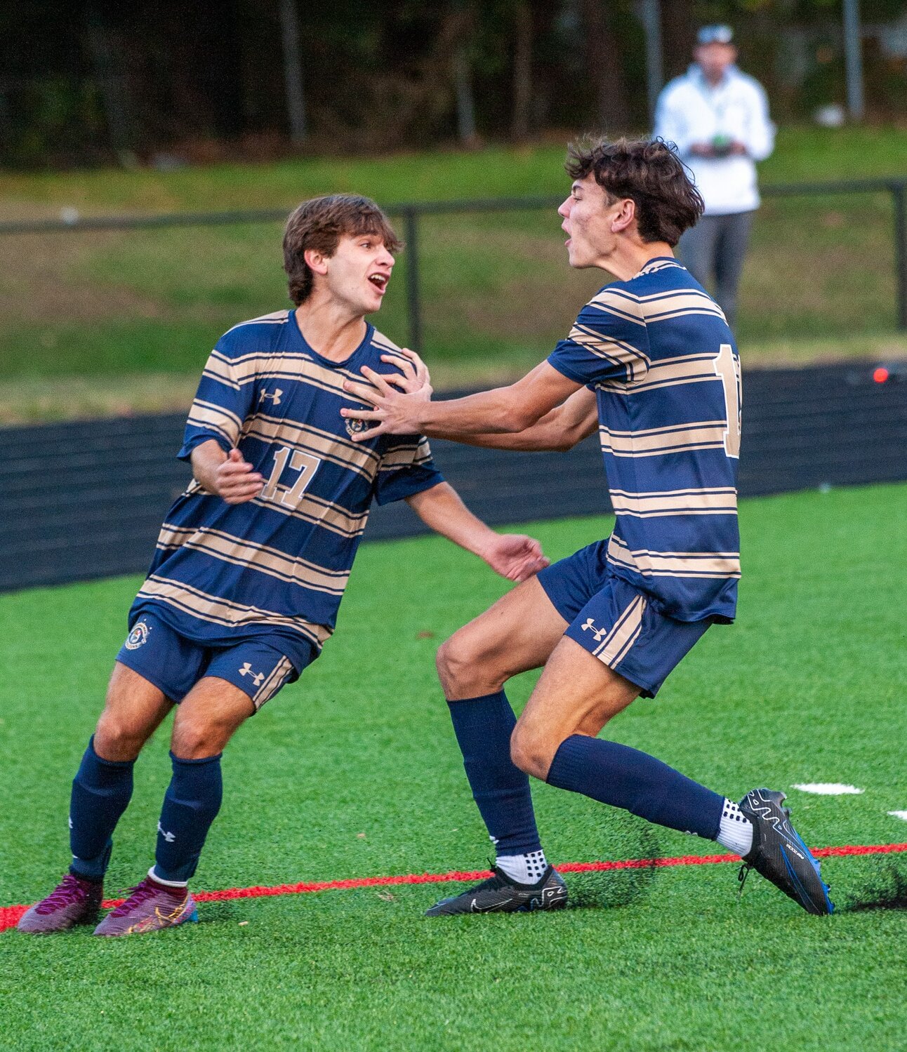 Andrew Campbell (left) and Tully Espinola celebrated Campbell's first goal of the game.