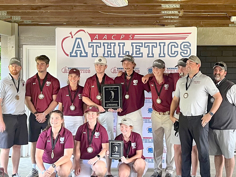 Broadneck golfers posed with their medals after winning the Anne Arundel County golf championship.