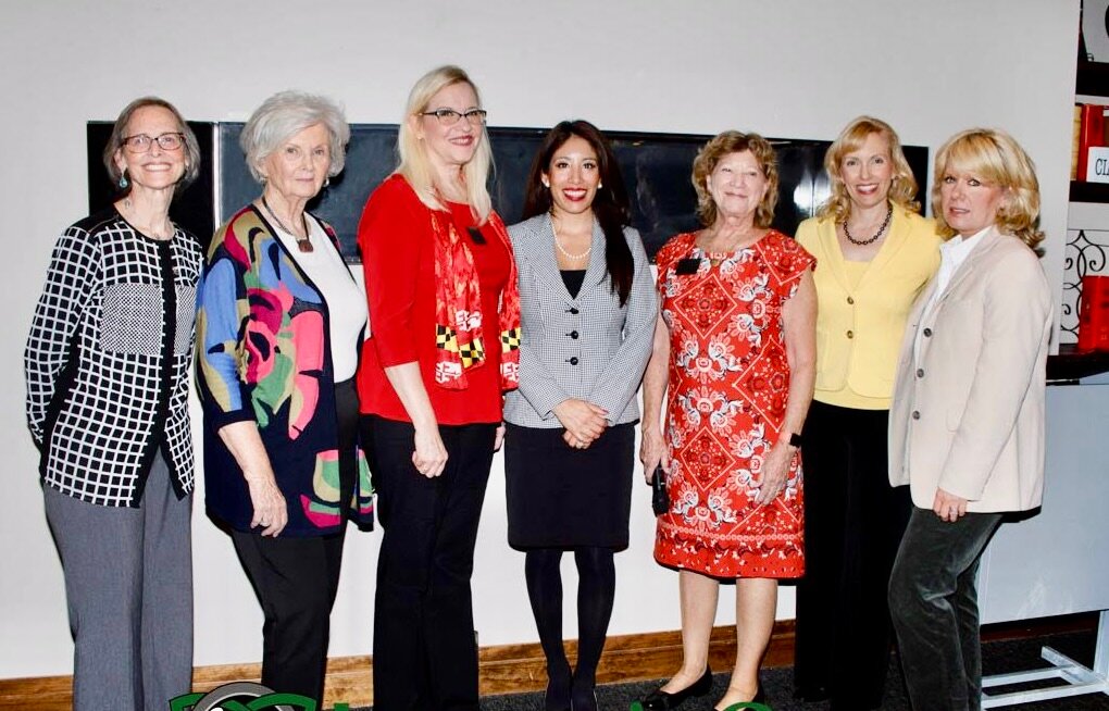 (L-R) The 2024-2025 officers for the Severna Park Republican Women’s Club include Chris Ronk, Kathy Feldman, Dr. Kim Weir, Yuripzy Morgan, Amy Leahy, Nicolee Ambrose and Melanie Dunaway.