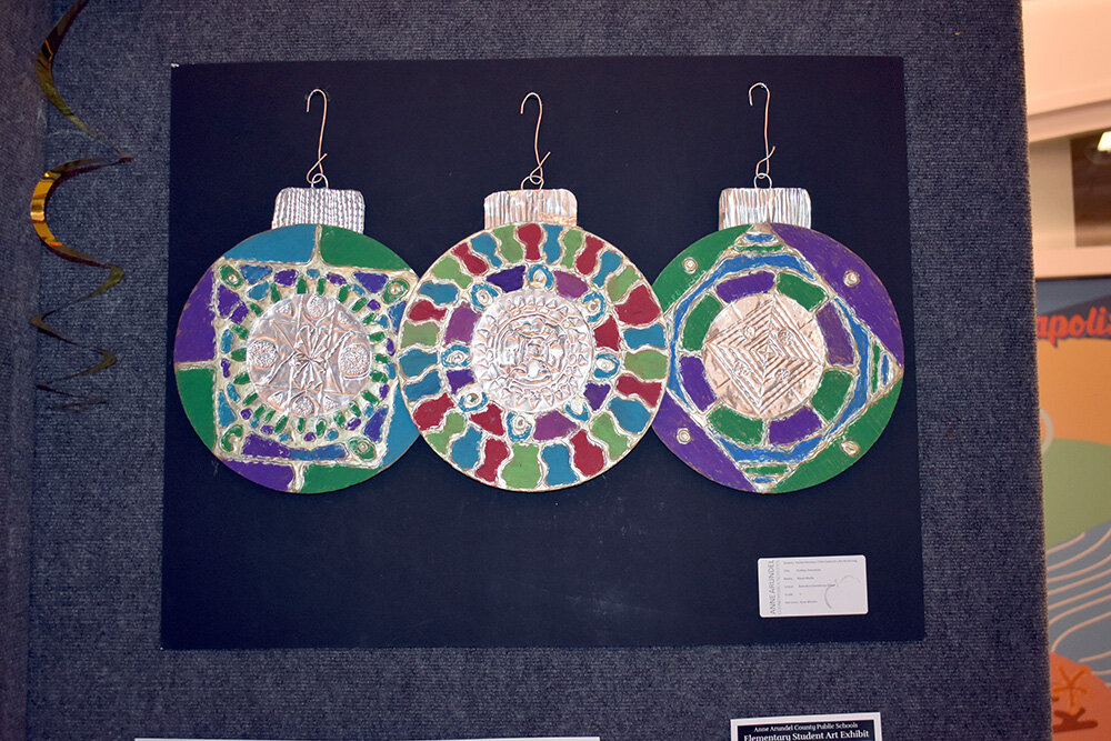 This mixed media ornament trio was the collaborative effort of Belvedere Elementary School fifth-graders Korbin Peterson, Chloe Zanetich and Colin Armstrong.