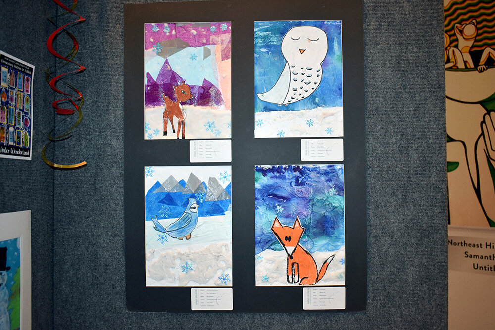 This mixed media winter animal quad is the work of Harper Gesling, Jade Sturgis, Brenden Muehlhauser and Elio Pineda – all second-graders at Benfield Elementary School.