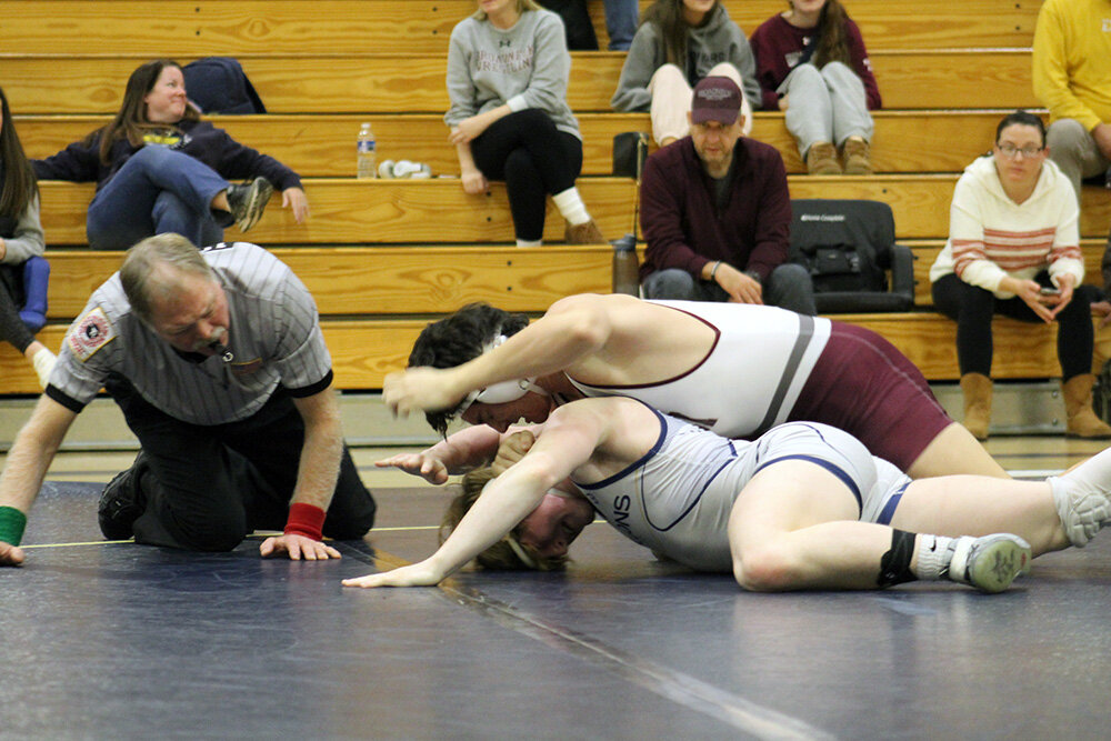 Broadneck senior Domenic Ascione (right) pinned Severna Park’s Josh O’Donnell (left) in this contest at 190 pounds.