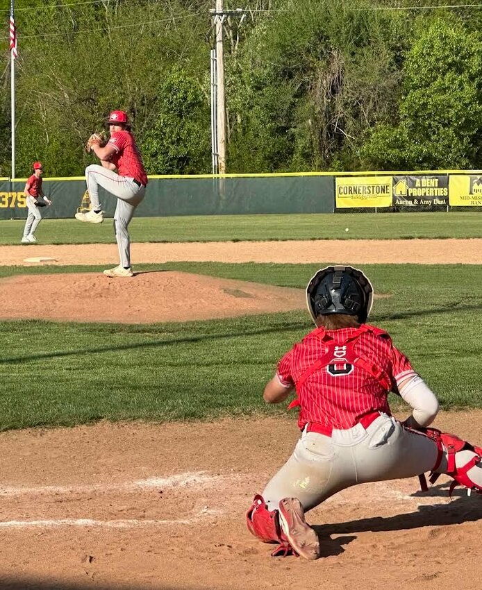 Sayge Painter throws to catcher Easton Hubbard in recent baseball action at Lebanon. The Tigers are 16-8 after a come-from-behind victory against Miller last week