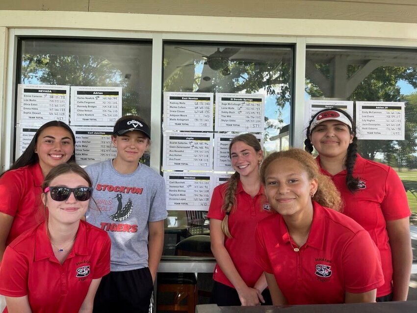 The Stockton Lady Tigers Golf Team was all smiles after setting a new team record score and finishing 3rd at the Nevada Lady Tiger Invitational last week. From left: Vanessa Nail, Tayelynn Meek, Carli Burchett, Kendra Bishop, Taylor Handzo, and Vivianna Lopez